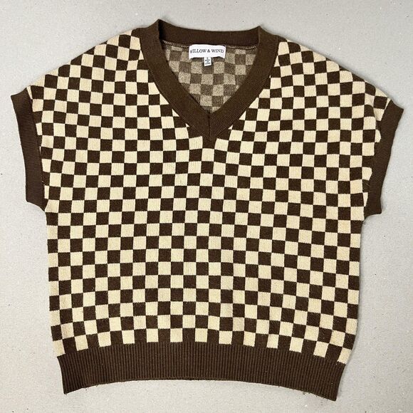 Willow & Wind Sweater Vest Womens Small Brown Beige Checkerboard V Neck Knit - Picture 1 of 7